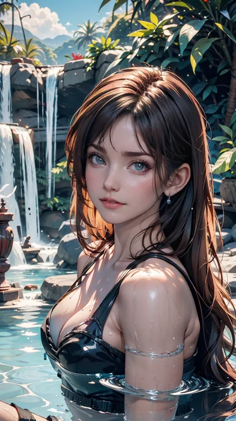 A very beautiful person happily bathing in the clear cool water near a waterfall.。Pink Skin、blue eyes、Black Hair、Detailed face、Detailed body、realistic model、highly detailed natural landscape、CGI 8K resolution