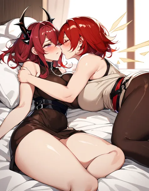 2women,Surtr(Arknights),Exusiai(Arknights),red hair,curvy body,wearing Muslim clothes(Surtr),big breast,big thighs,nsfw,bedroom, hugging, kissing passionately,touching each other,red hair, wearing Muslim dress(Exusiai),laying on bed,crying,nsfw