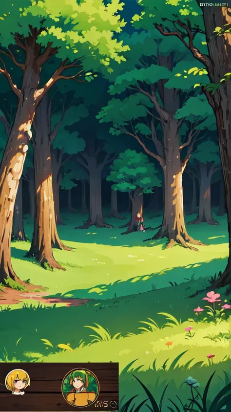 ((Ablaze)), Desenho animado bonito fantasia fada forest inside com trilhas e árvores em um dia ensolarado, forest plants, pretty fairy mushrooms, beautiful wildflowers, detailded, detailed background artwork, mobile game background, fundo do jogo, 2D game ...