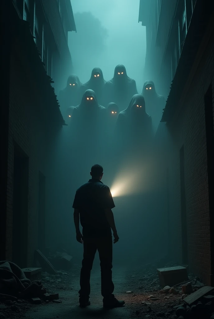 The figure of a man with his back turned, with the flashlight pointed at a group of dark, amorphous figures. On their faces, only sinister eyes that glow in the darkness are visible