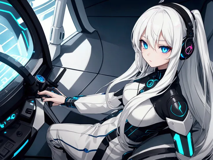 An anime dark girl, Beautiful eyes, white hair, Blue eyes, with headphones, listenning music, dancing next a futuristic motorcycle
