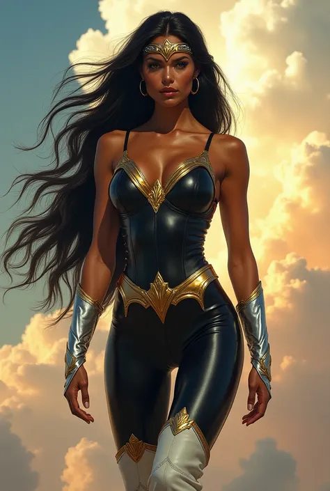 A beautiful woman, Adriana Lima, under the mantle of the warrior of Eutopia Zarda Shelton, alias power Princes, is a tall woman with a muscular physique and body and black hair, long and flowing hair reaching her back (((He wears a black leather jumpsuit t...