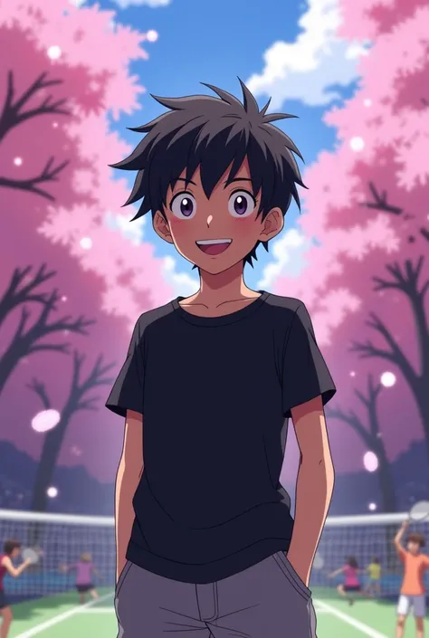 studio ghibli themed boy with black hair determined smile cool black t shirt and grey shorts with a purple badminton arena background