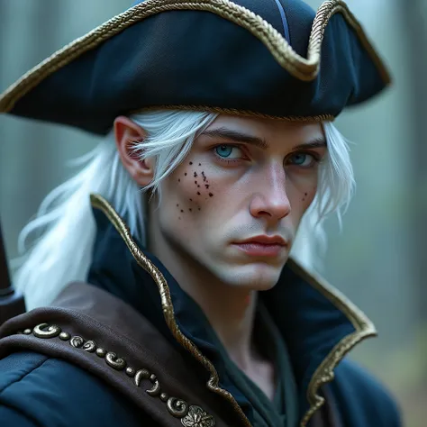 White haired astral elf archeologist male with pirate hat blue eyes and scar on cheek down to neck from blade clean shaven 