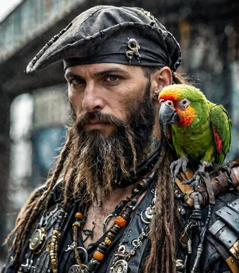 face portrait of a cyberpunk pirate woth a parrot on his shoulders, long beard, best quality