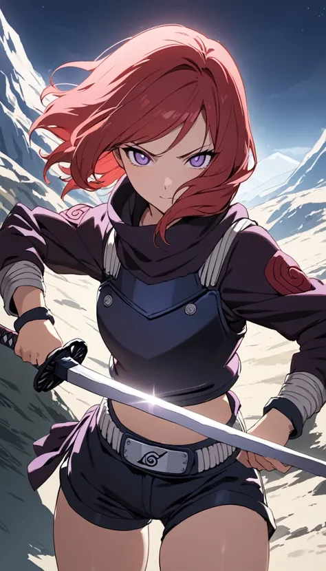 (masterpiece, Best Quality, high quality), in front of the viewer,volumetric lighting, illustration, beautiful, perfect lighting, perfect shadows,Maki Nishikino , cowboy shot, (armor:1.2), Short shorts, thighs, Alone, purple eyes ,Red hair ,in the mountain...