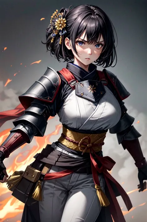 Woman in armor, Female Samurai, A woman wearing light armor, Beautiful female warrior, Black kimono, black eye, Black Hair, Big Breasts, Tight waist, Intimidating Appearance, cinematic lighting, close-up, cowboy shot, UHD, retina, masterpiece, accurate, an...