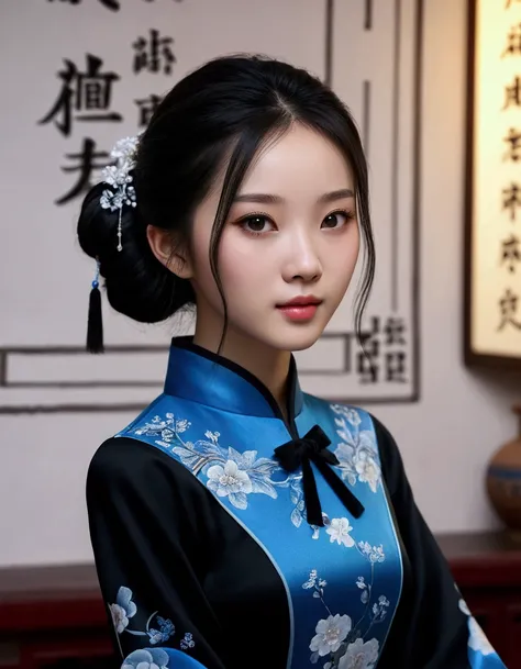 a girl, typical Chinese blue dress with long black sleeves, realistic face, 4k