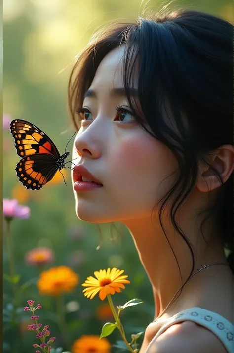 White woman with black hair and a butterfly on her face