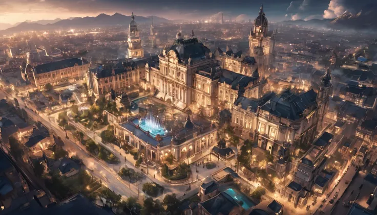 aerial view, epic scene, stage lighting, A Victorian-era town with a touch of fantasy scenery. Capitolio o palacio municipal