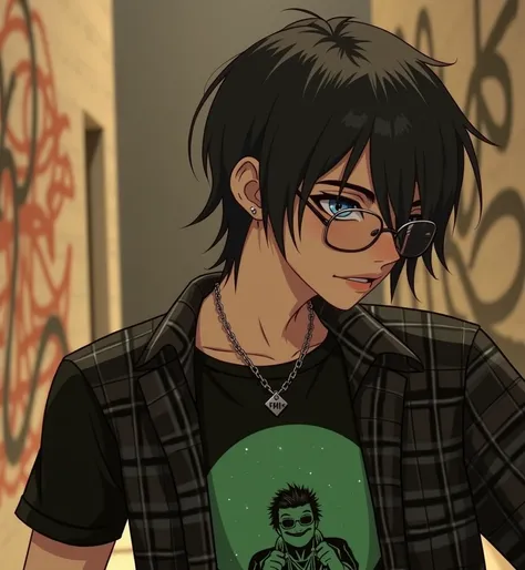 Emo boy with long straight black hair, an emo cut, he wears nerdy glasses, his skin is pale and he has an eyebrow piercing and a lip piercing, he has cute blue eyes and wears emo clothes