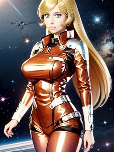 anime style female character inspired by vintage space opera aesthetics, with elongated facial features, 165 cm tall, having blo...