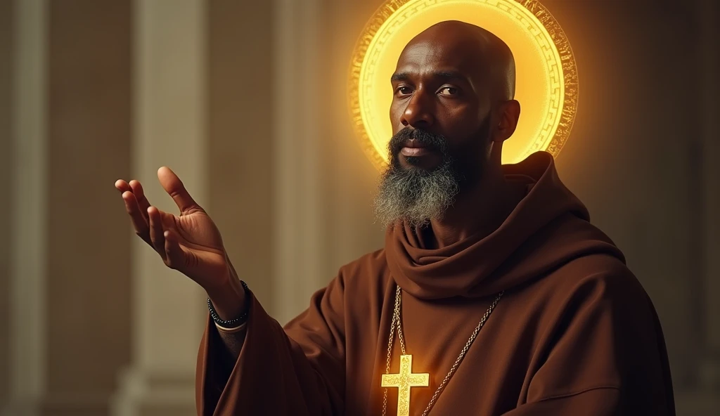 In a visually striking YouTube thumbnail, a highly realistic Saint Benedict the Moor is positioned in the corner, with the background artfully blurred to emphasize his figure. His facial features, exuding wisdom and serenity, are framed by a radiant glow. ...