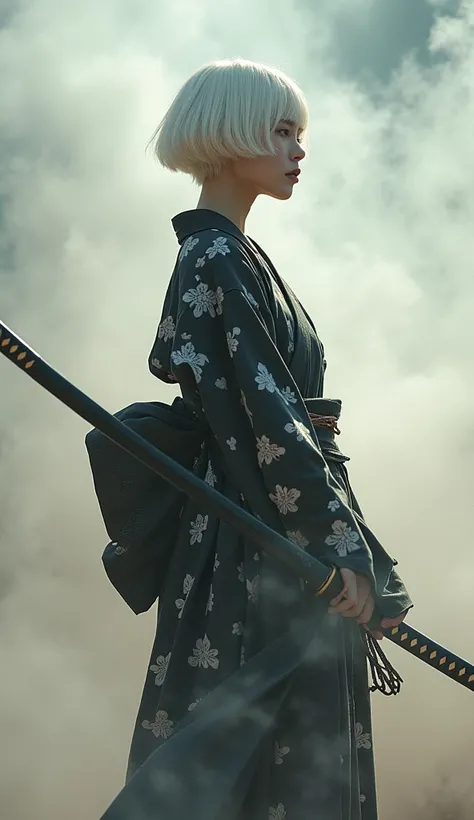 Wearing a black and white yukata and holding a sword、A beautiful Japanese woman with short white hair. Surrealism style. Pastel Tones. Mid Shot. Dramatic Light.whole body、Head to Toe