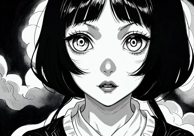 anime girl with BLACK HOLE IN THE MIDDLE OF HER FACE, subtle junji ito, junji ito style, shades of junji ito, junji ito 4k, junji ito art style, junji ito art, inspired by Junji Ito, horror manga, junji ito style, no style junji ito, ito junji art,black an...