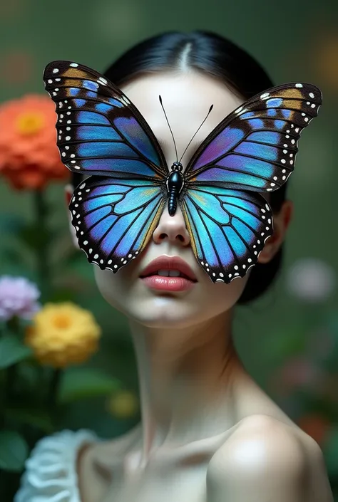 The face of a white woman with black hair tied back, thin lips, and a giant butterfly taking up her entire face.