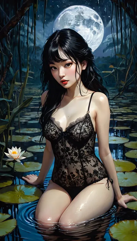 girl and rat, sexy girl plays with rat, in a swamp with water lilies,, night, moons, stars, eroticism,long black hair, lingerie, sexy, black and white image, between shadows, oil painting, chiaroscuro, sensual, dramatic lighting, moody atmosphere, photorea...