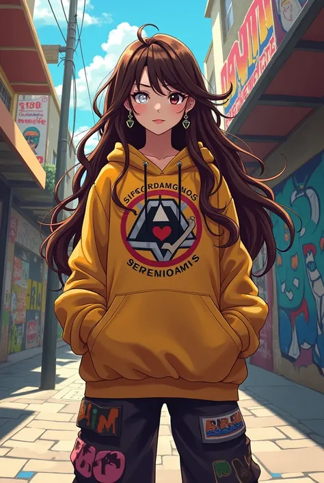 An anime girl in the style of My Hero Academia with long wavy hair and one white eye and one black eye, wearing Snoop-style clothing.