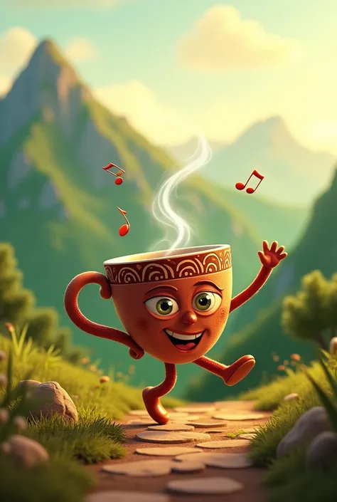 Arabica Character: A friendly and charming character made of an Arabica coffee cup, with a smiling face and bright eyes. It is adorned with small details that evoke its Ethiopian origin, as a traditional pattern in the cup. The character may be dancing gen...