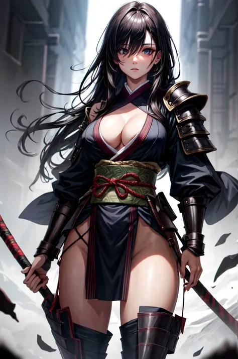 A woman wearing armor holding a stick, Female Samurai, A woman wearing light armor, Beautiful female warrior, Black kimono, black eye, Black Hair, hair over eyes, Big Breasts, Tight waist, Intimidating Appearance, cinematic lighting, cowboy shot, UHD, reti...