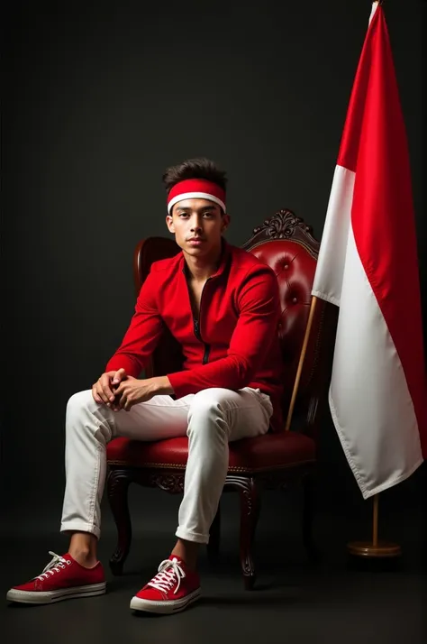 A portrait of a young man sitting on a wooden chair.,He is wearing a slim red jacket, white pants, and a red and white headband.,in a dark room,Next to him is a red and white flag.