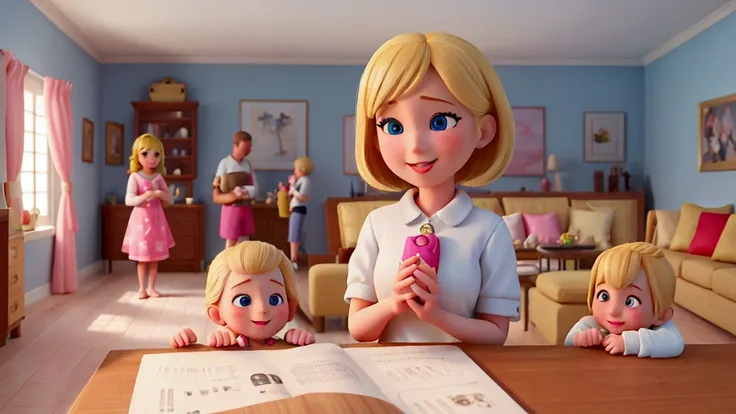 A girl (blonde), with your family in the living room of a house (Family details) (United and happy family) details in hands, eyes, method, body, animated, disney style, back view, super detailed