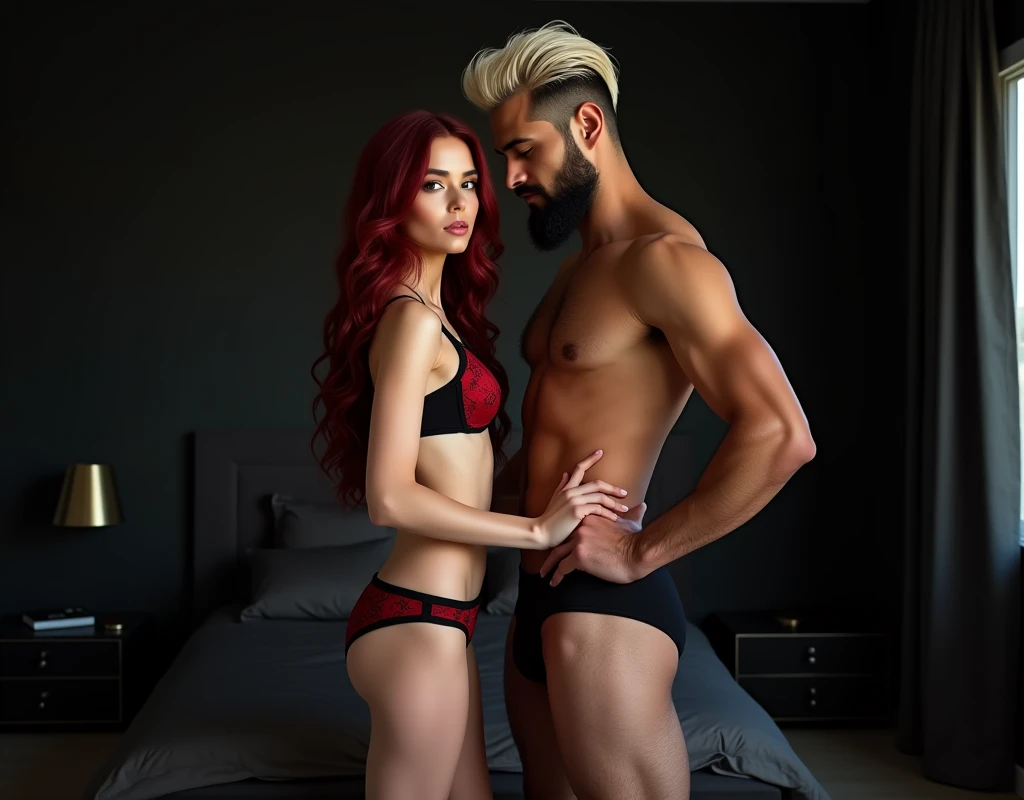 A  short young woman, pale skin, vibrant maroon long wavy side-parted hair, red/black bra and red/black panties. Towering behind her, an 7 foot tall 33-year-old attractive Arabic male model, thin lean figure, short platinum blond textured short cut swept-b...