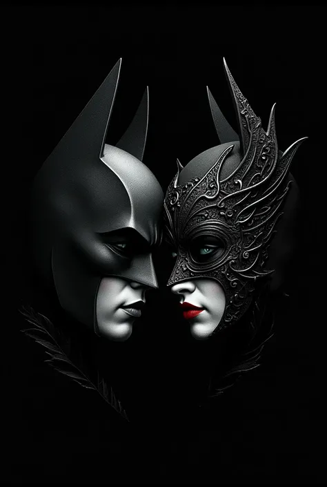 Generate a wallpaper illustration with the names Raul and Alee in Spanish in gothic art that subtly includes the batman bat and catwoman mask, preferably in black and dark tones, not a background image, just the symbols. Dont use faces, just the batman bat...