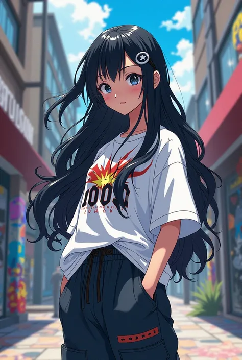 An anime style girl from boku no hero with long wavy black hair with white hair tips and one white eye and the other black with a Snoop style of clothing that the shirt is white