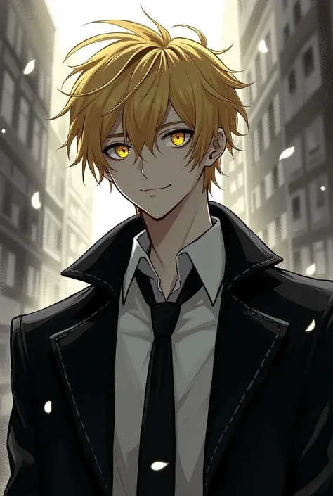 Masterpiece, solo, 1 male, short hair, blond hair, yellow eyes, smirk facial, black and white shirt, black coat