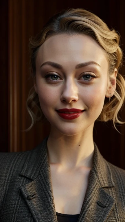 Sarah Gadon wearing sexy hunter clothes and lipstick and smiling