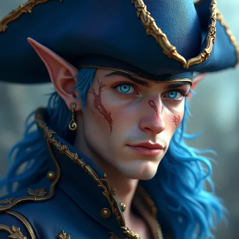 Male astral elf pirate with bright blue eyes, clean shaven with scar in his cheek blue feathered pirate hat