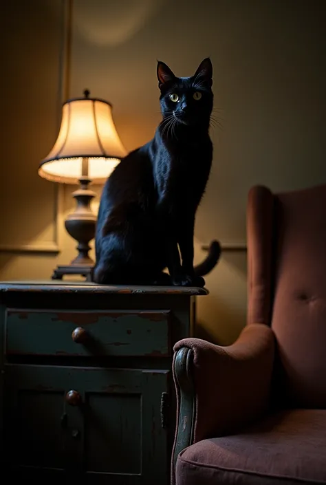 A black cat standing on a worn piece of furniture 