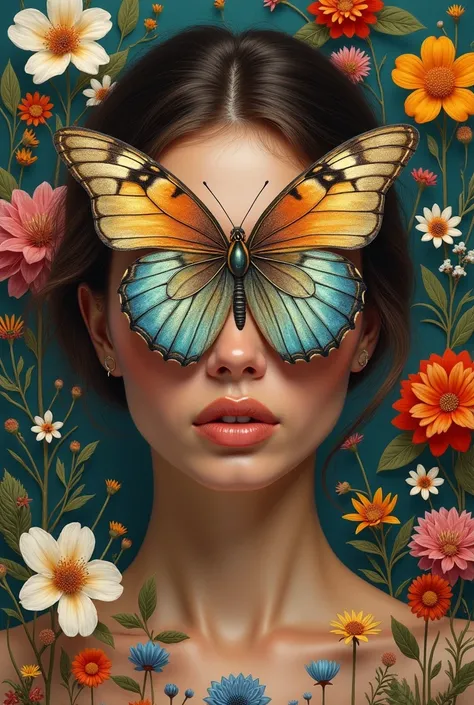 Face of a Western brunette woman, Hair tied back and black, tight, thin lips and no makeup,  with a giant butterfly taking up the whole face and colorful flowers in the background of the studio-style picture