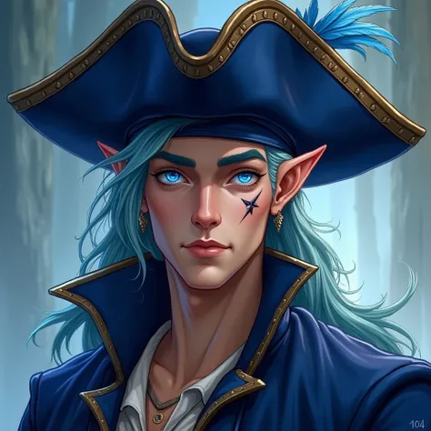 Male astral elf pirate with bright blue eyes, clean shaven with scar in his cheek blue feathered pirate hat