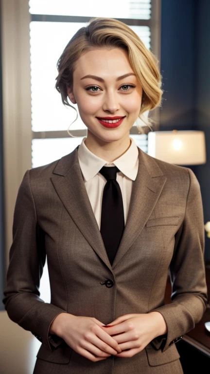 Sarah Gadon wearing sexy psychologist clothes and lipstick and smiling