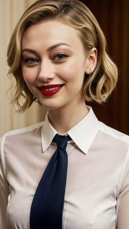 Sarah Gadon wearing sexy psychologist clothes and lipstick and smiling