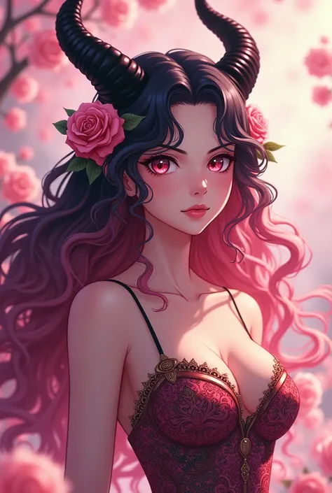 A 20 year old long pink mix black (gradations) haired woman, curly hair style, pink jewelry sharp dragon eyes, with black dragon horns on top of her head and pink roses flowers against her horns. looks pretty, graceful yet intimidating and terrifying. wear...