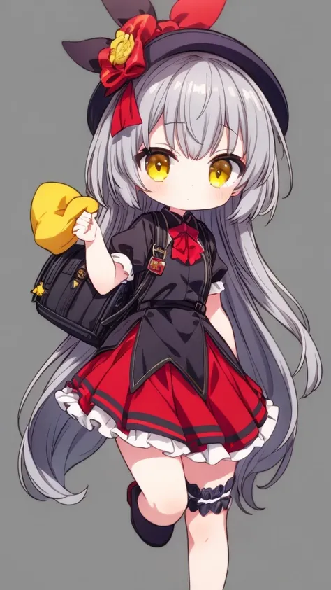 1girl,Little、cute、Primary school students、Red short-sleeved dress、Gray Hair、Red School Bag、Skipping、Facing sideways towards the audience、Yellow simple background