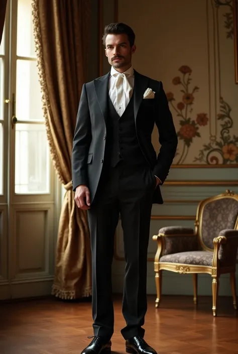 A tall, lean, and athletic gentleman in his early 30s stands confidently in an elegant, early 20th-century Parisian room. He has neatly groomed dark hair, a small, well-kept mustache, and sharp, intelligent dark eyes. His aristocratic facial features are r...