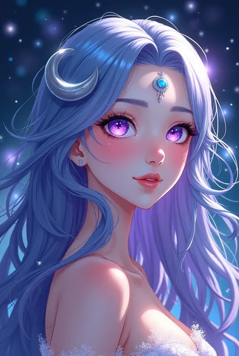 Beautiful white skin woman, galaxy colored hair, purple eyes with stars, beautiful lips with a silver crescent moon tilted on the forehead, anime style, mysterious with a touch of fantasy