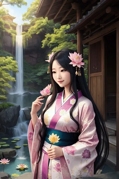 Benzaiten、lute、smile、waterfall、lake、
vivid、kimono、Decorations、Long Hair、Wind、Lotus flower、White Snake、Halo、Digital Art、
mysterious、beautiful、love、Realistic、vivid、Lotus flower、Long Hair、Wind、beautiful、mysterious、