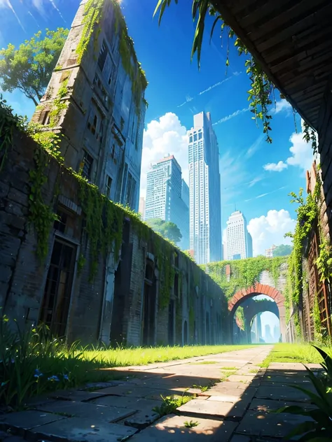 Ruined city,background,Plants,water,blue sky