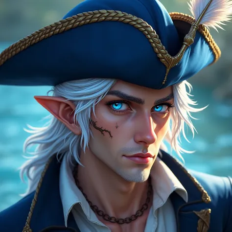 Male astral elf pirate with bright blue eyes, clean shaven with scar in his cheek blue feathered pirate hat white hair