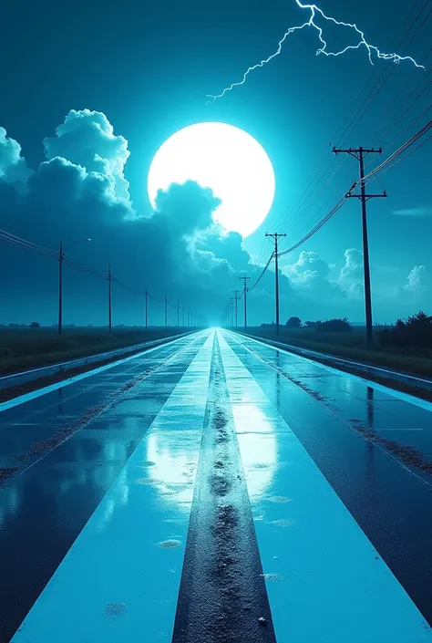 Cyan tech with black stripes and a dark blue background and a cyan sun hiding among white clouds on a white street with a dark blue line in an electrical storm and a white puddle