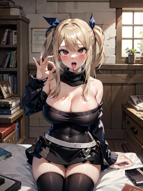 ((Highest quality)), ((masterpiece)), (detailed), One person,Age 25,(Black knit sweater),(mini skirt),Shoulder Bare,Big Breasts,blush,Underbust,(Her cleavage is visible),(Excited expression),(Seduce),night,indoor,ruins,nightのruins,Dim lighting,(In a dimly ...