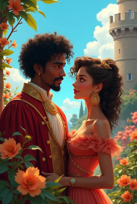 Generate an image of Sir Jeca, a dark-skinned brown gentleman, very curly hair a bit low with a mustache and goatee with his princess Stive brunette with curly hair but not so much, chest-high and with very large hoop earrings 