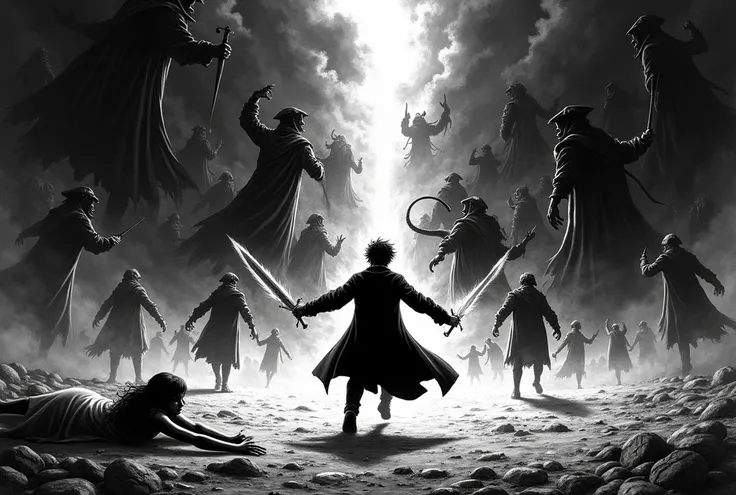 monochrome horror action manga panel which depicts: a cinematic back view, the camera sees the scene from the ground, dynamic sideways tilted camera, tilted horizon, dutch angle, harry potter, seen from the back, rushing against a massive crowd of dementor...