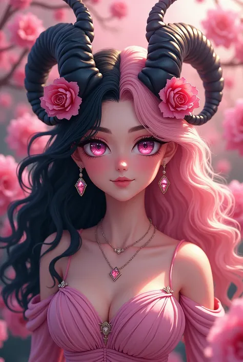 A 20 year old long pink mix black (gradations) haired woman, curly hair style, pink jewelry sharp dragon eyes, white/fair skin, with black dragon horns on top of her head and pink roses flowers against her horns. looks pretty, graceful yet intimidating and...