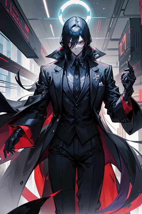 초상화, Face_through_torso, cyberpunk, A very tall male character with a thin build, dressed in an elegant tuxedo that contrasts with his criminal affiliation within the shadowy merchant guild. His head is entirely a glowing energy orb, giving him an otherwor...